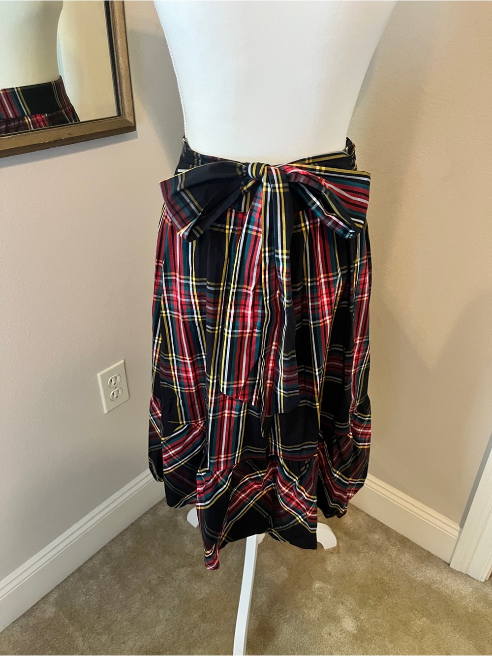 J. Crew Red and Black Plaid Midi Skirt with Bow Waist